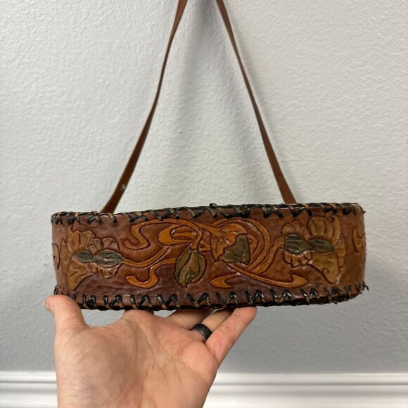 Vtg 70s Mexico Tooled Leather Stitched Patchwork Floral Hippie Boho Bag Purse - Picture 4 of 8